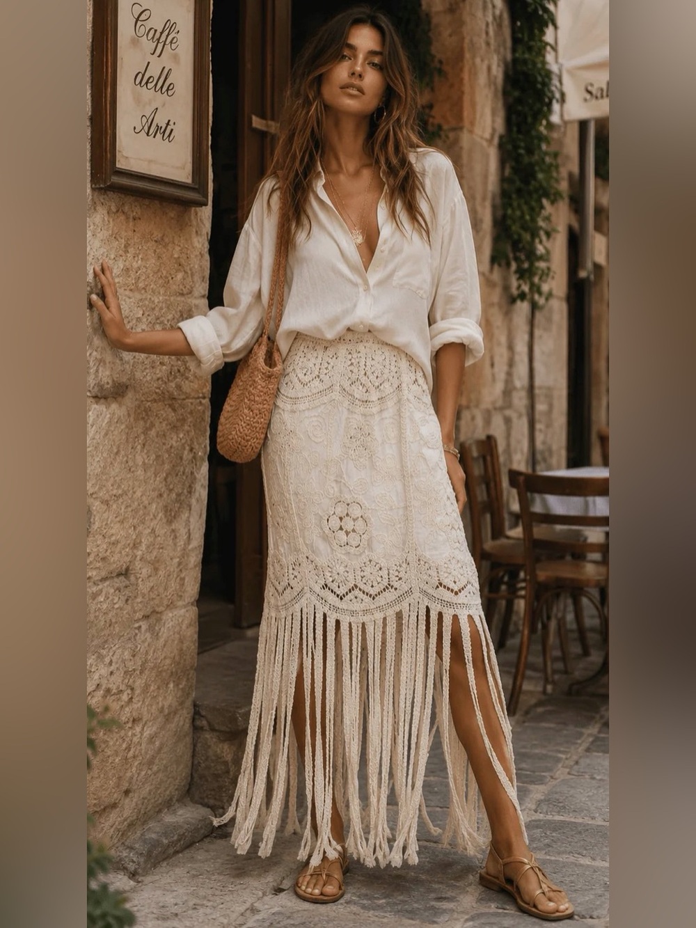 A738. Bohemian Crochet Fringe Maxi Skirt in Cream